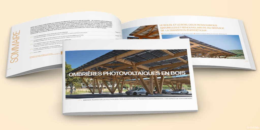 Couverture et pages intérieures du livre imprimé "Book ombrières photovoltaïques en bois"